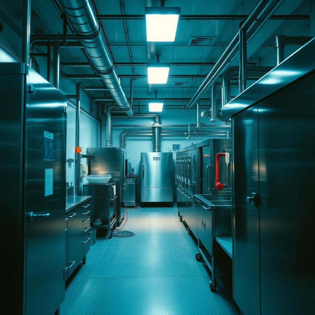 Área de manufactura en acero inoxidable con iluminación fría