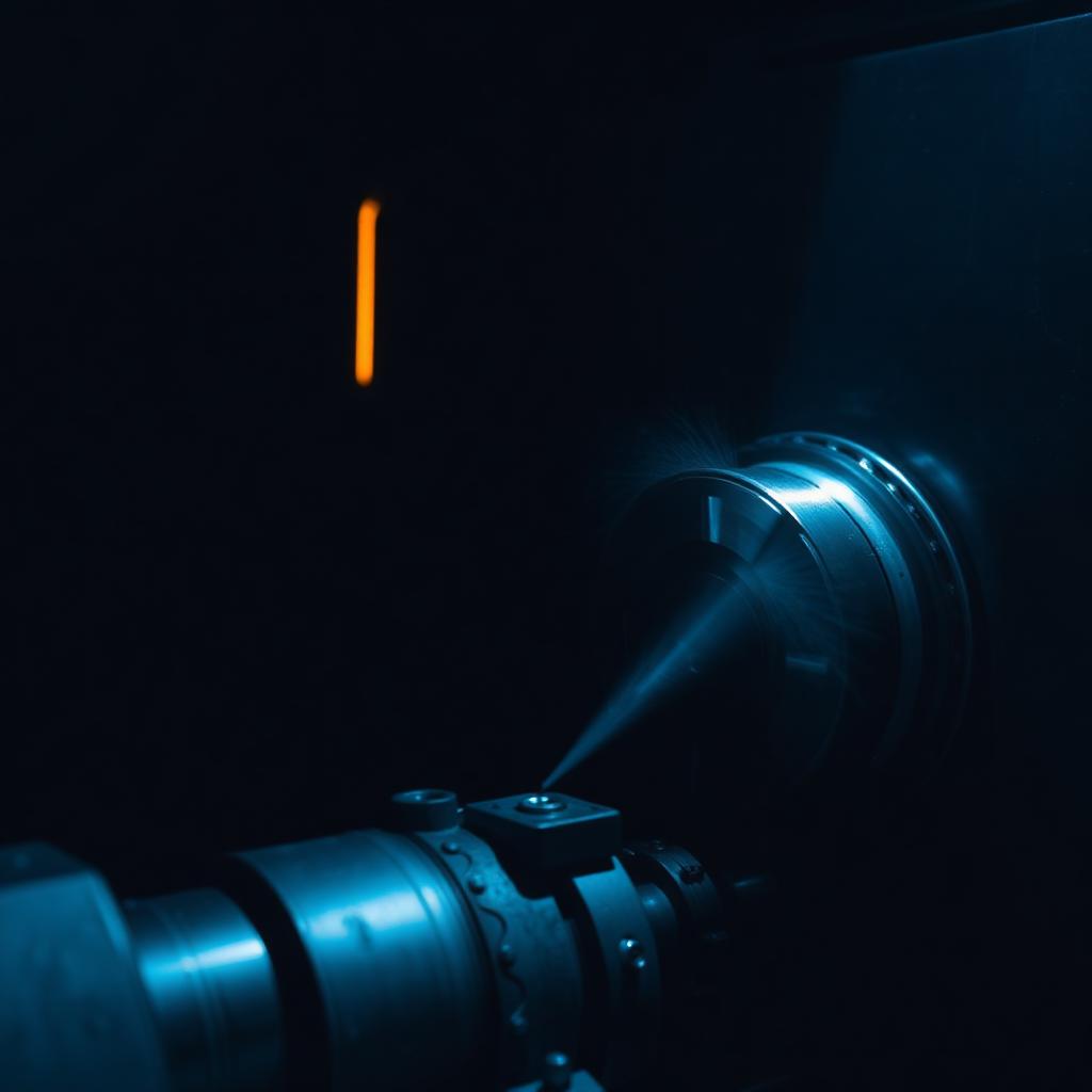 Torno CNC mecanizando una pieza de acero en un taller oscuro