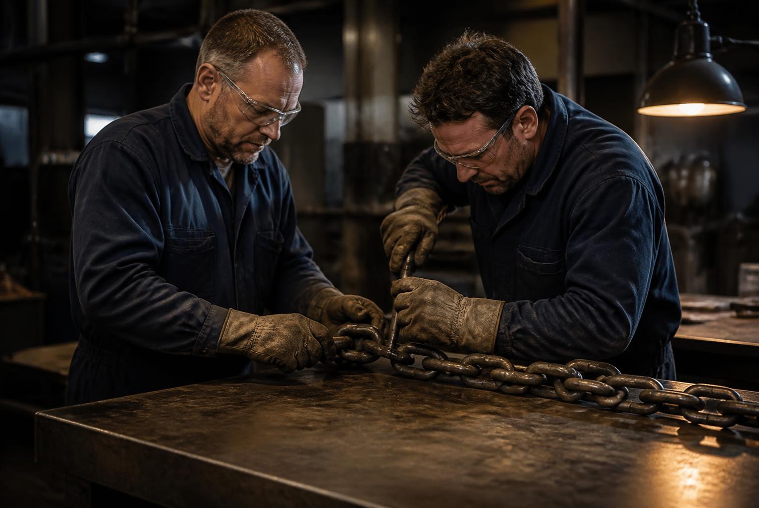 Personal de MSG trabajando en el armado de cadenas